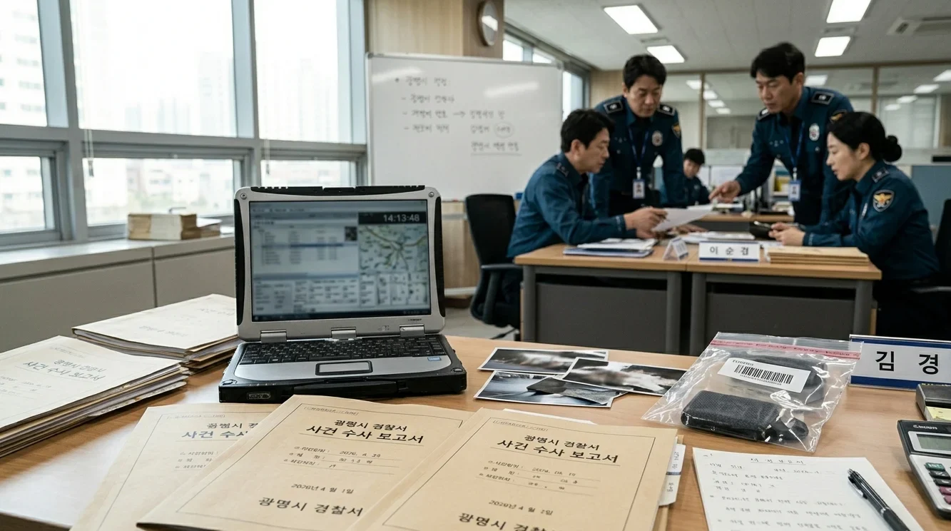 경찰 수사 보고서와 서류들이 놓인 수사 현장